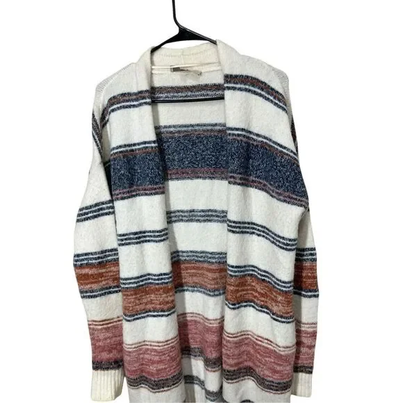 Loft Womens Open Front Long‎ Cardigan Multicolor Stripe Pockets Size S Soft Cozy - Picture 2 of 11